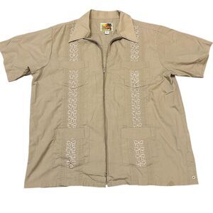 Vintage Haband Men's Beige Guayabera Shirt L Short Sleeve Embroidered